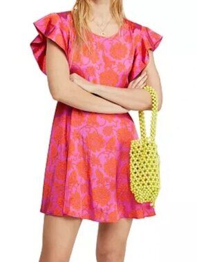 ☀️ Free People Electric Posie Flutter Sleeve Mini Dress Pink Orange 8 NWOT